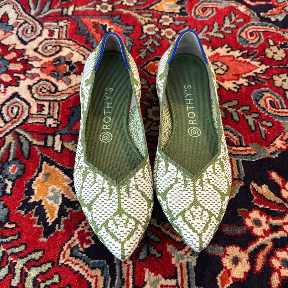 Rothy's Green and White Patterned Flats